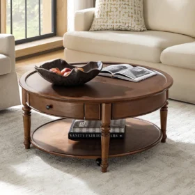 Coffe Table Kayu Jati Model Bundar Laci Minimalis Modern Klasik
